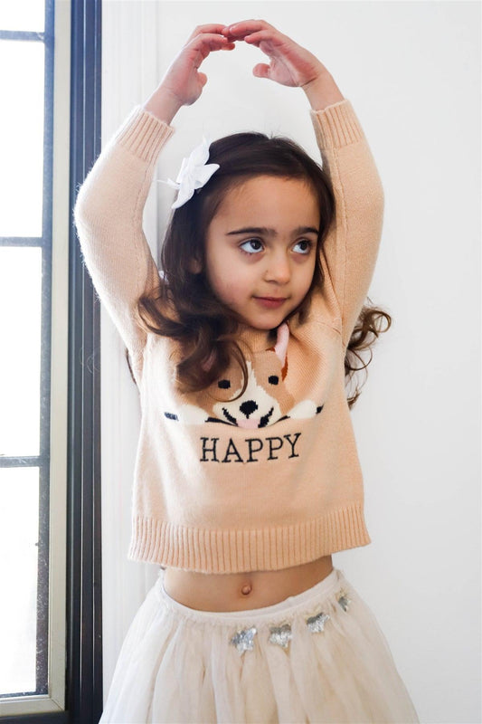 Girls Taupe "Happy Dog Face" Sweater /3-3