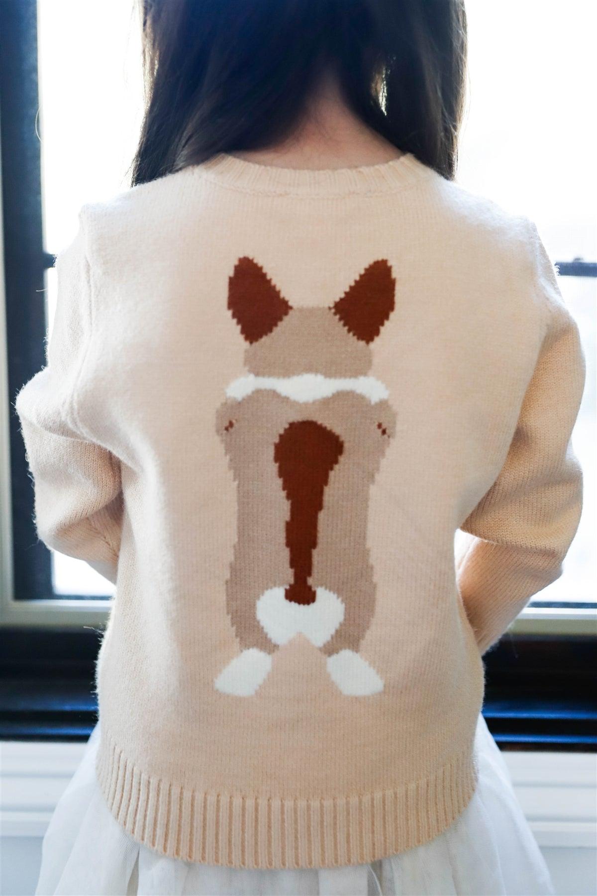 Toddler Girls Taupe "Happy Dog Face" Sweater /3-3