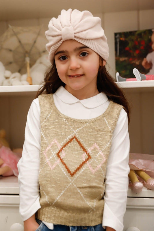 Girls Taupe Contrast Diamond Knit Sleeveless Top /1-3-2