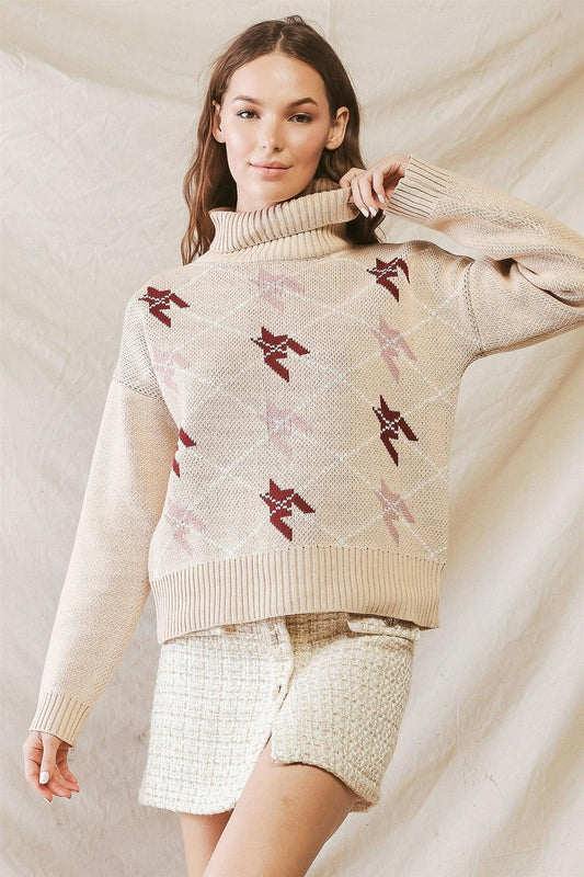 Taupe Argyle Print Cotton Blend Knit Turtle Neck Sweater /3-2-1