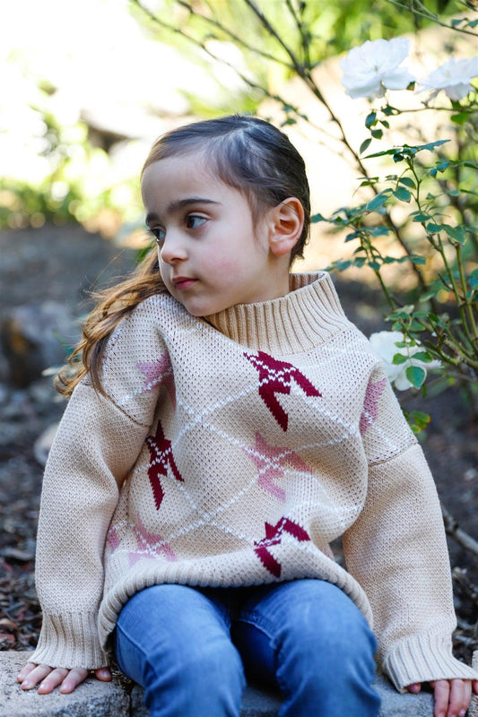 Girls Taupe Contrast Diamond Knit Turtle Neck Sweater /2-3