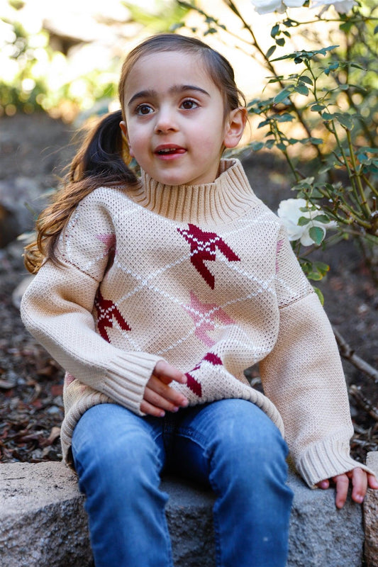 Girls Taupe Contrast Diamond Knit Turtle Neck Sweater /1-3-2