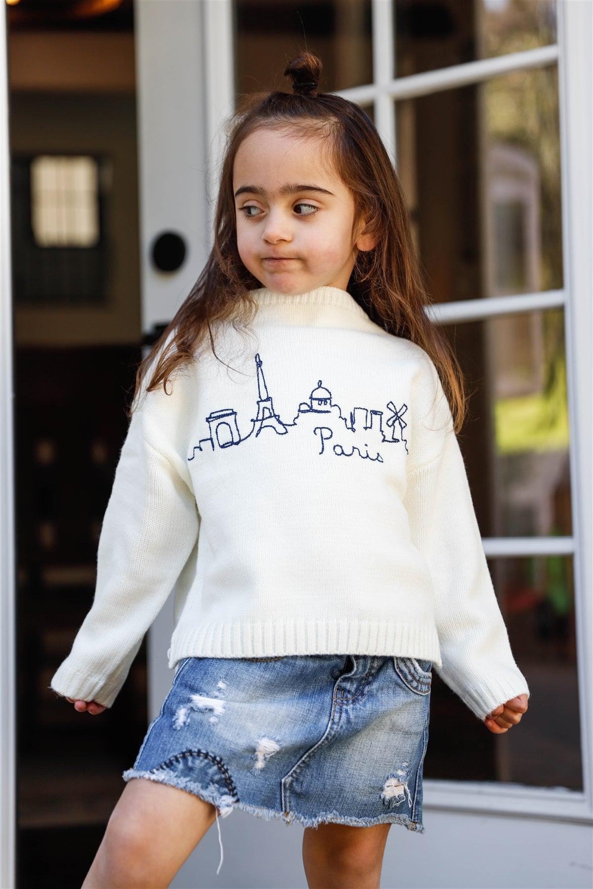 Girls Off-White Knit Cotton "Paris" Embroidered Print Sweater /4-1