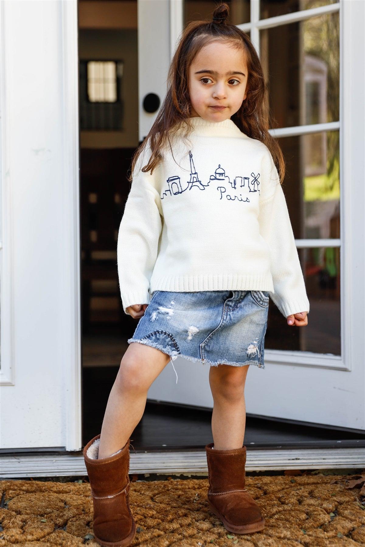 Toddler Girls Off-White Knit Cotton "Paris" Embroidered Print Sweater /4-1