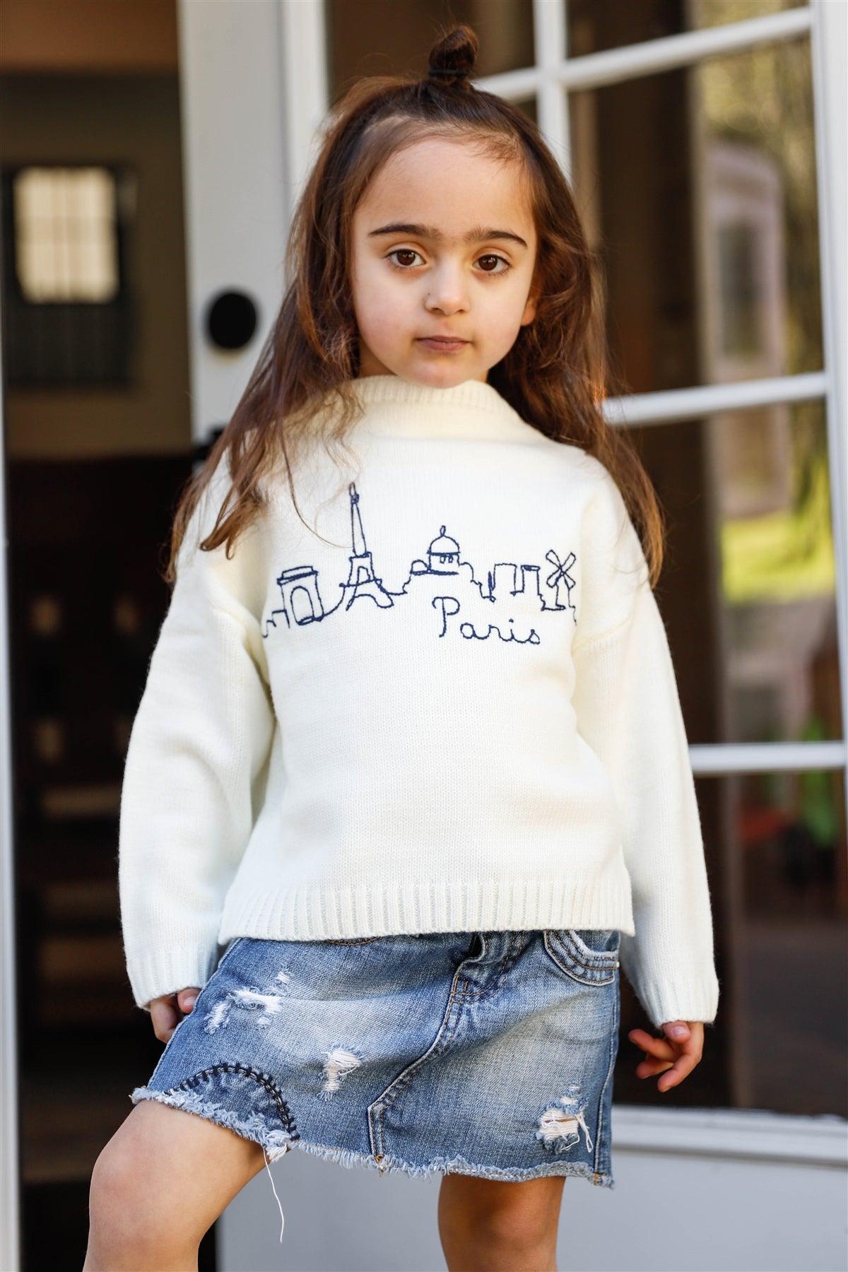 Toddler Girls Off-White Knit Cotton "Paris" Embroidered Print Sweater /4-1