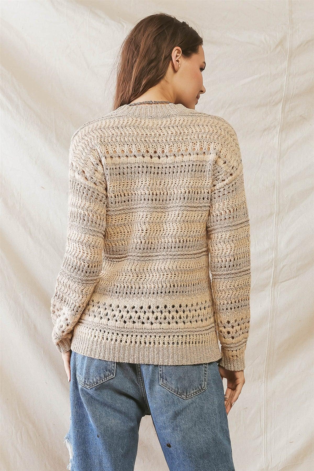 Beige Knit Crew Neck Long Sleeve Sweater /3-2-1