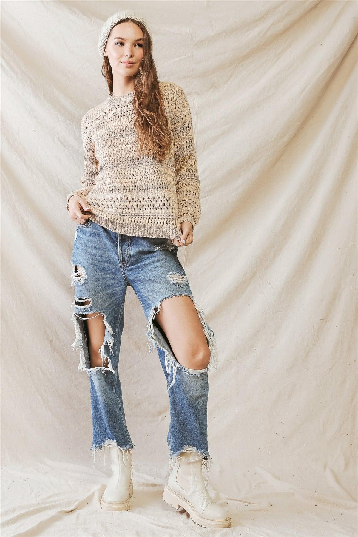 Beige Knit Crew Neck Long Sleeve Sweater /3-2-1