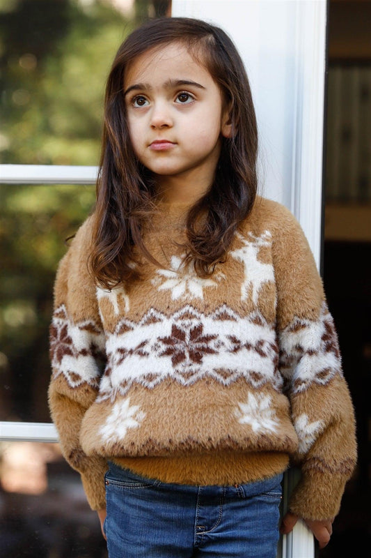 Girls Light Brown Fluffy Fair Isle Deer Pattern Sweater /1-3-2