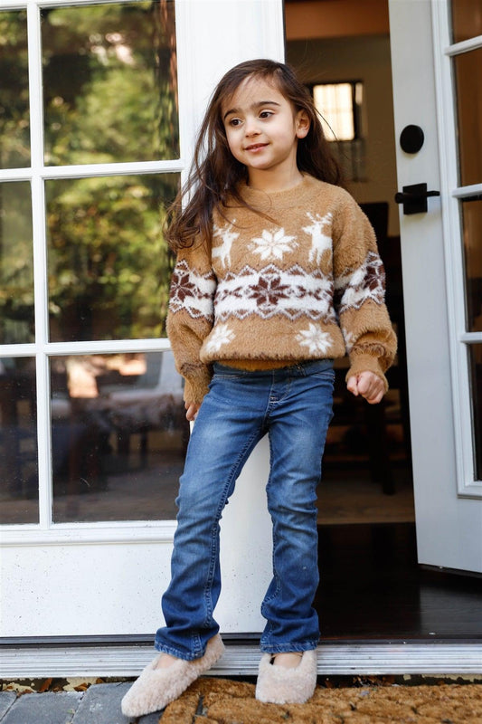 Girls Light Brown Fluffy Fair Isle Deer Pattern Sweater /2-2-2