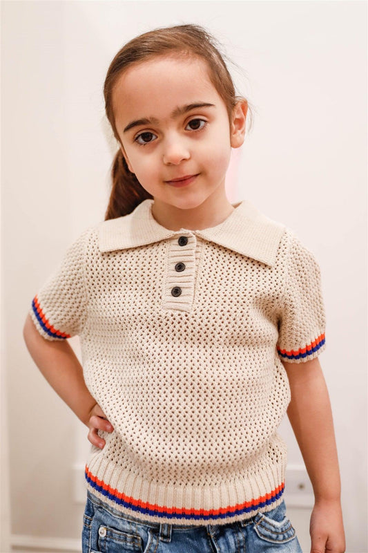 Girls Ecru Crochet Stripe Details Polo Top /1-3-2