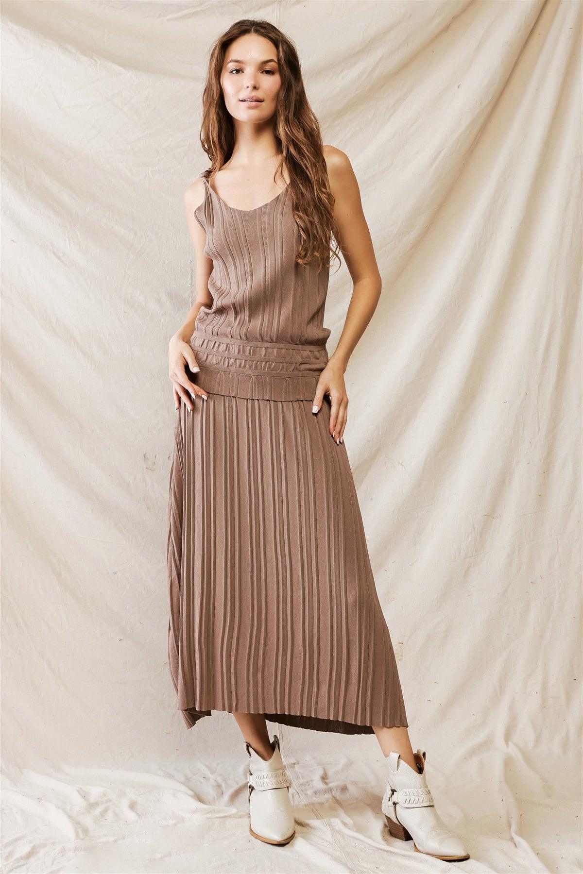 Nude Viscose Plaid High Waist Midi Skirt & Sleeveless Top Set /3-2-1