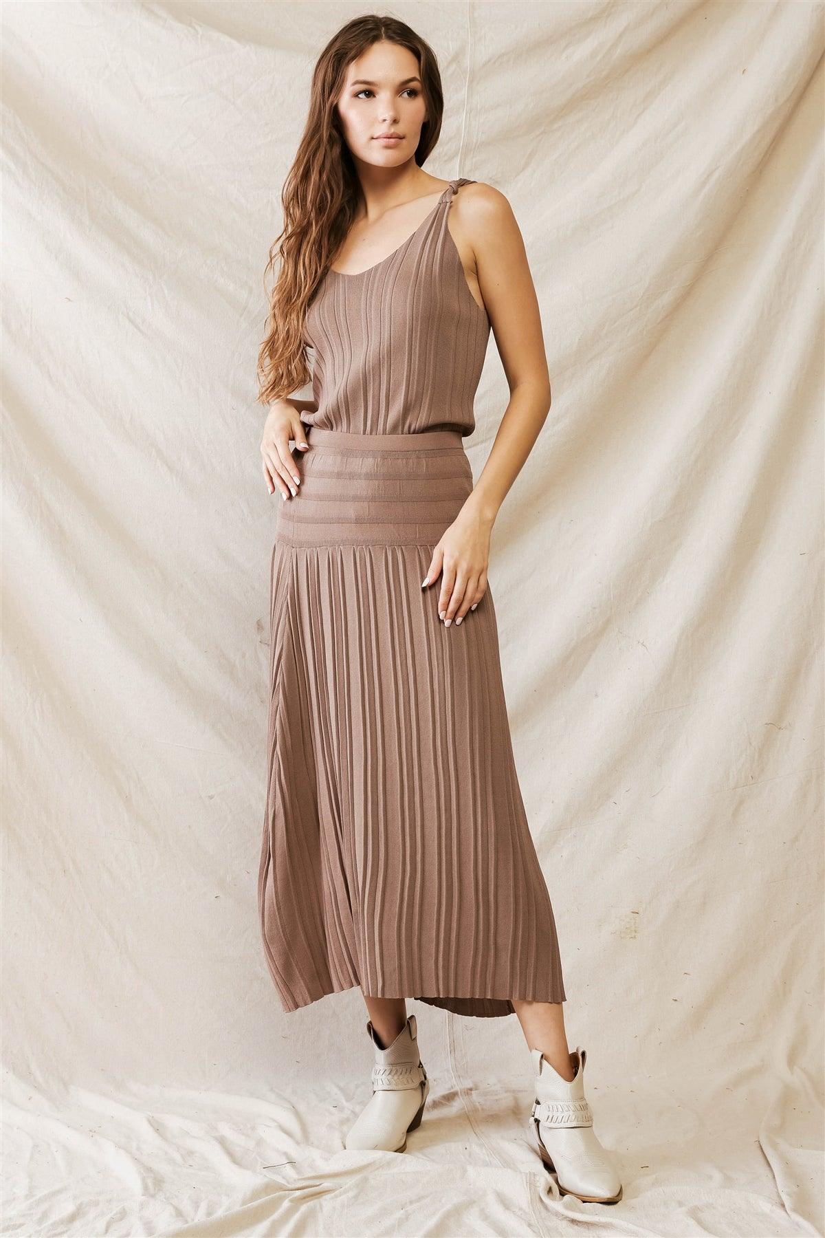 Nude Plaid Viscose High Waist Midi Skirt & Sleeveless Top Set /2-2-1