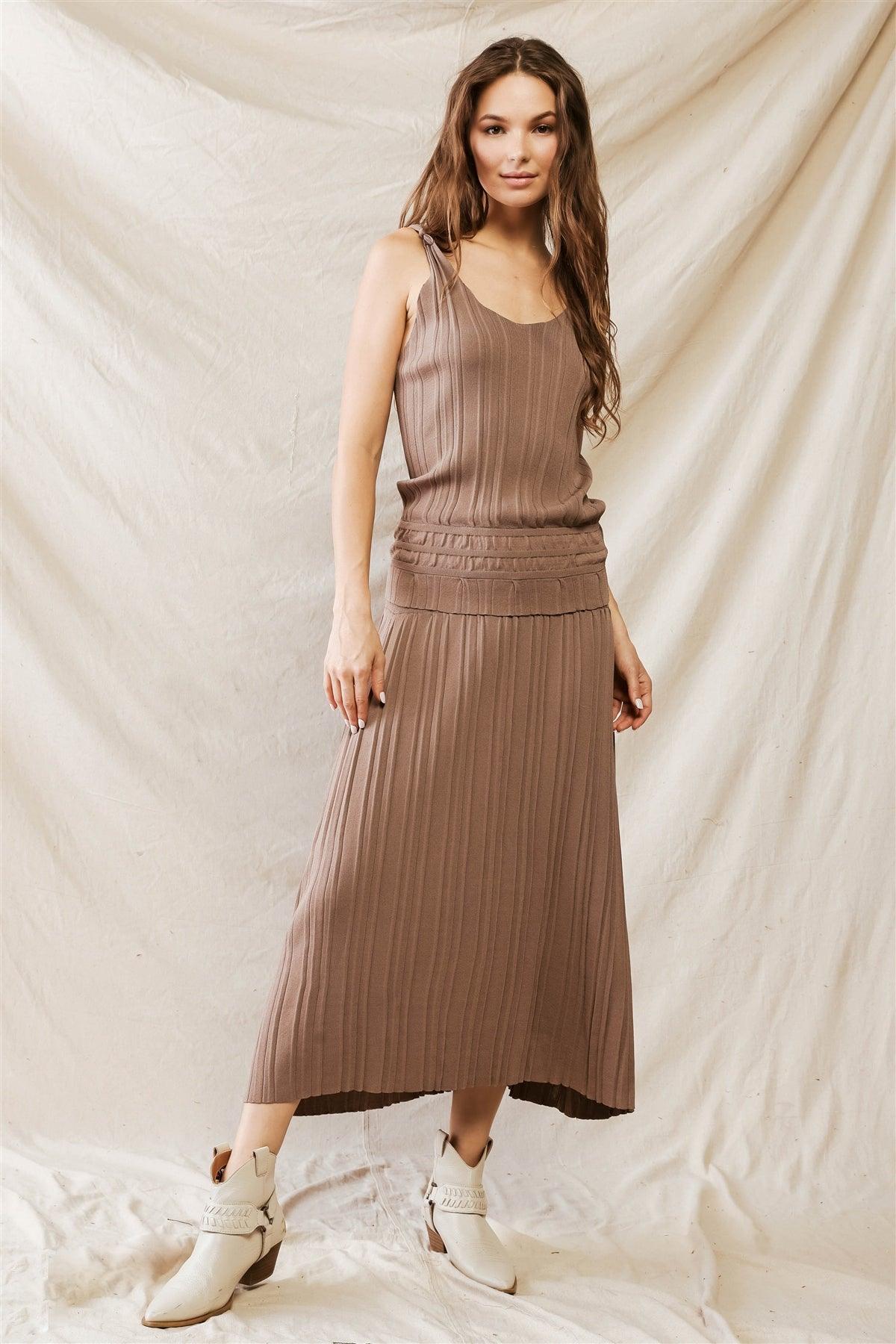 Nude Plaid Viscose High Waist Midi Skirt & Sleeveless Top Set /2-2-1