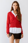 Red Stitch Detail Button-Up V-Neck Long Sleeve Sweater /3-2-1