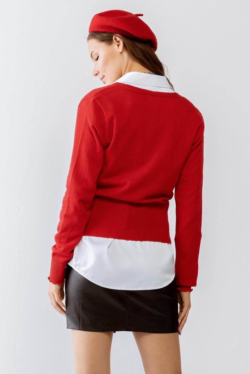 Red Stitch Detail Button-Up V-Neck Long Sleeve Sweater /3-2-1