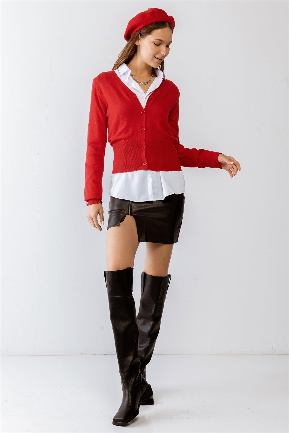 Red Stitch Detail Button-Up V-Neck Long Sleeve Sweater /3-2-1