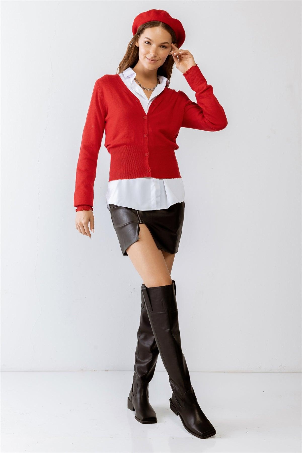 Red Stitch Detail Button-Up V-Neck Long Sleeve Sweater /3-2-1