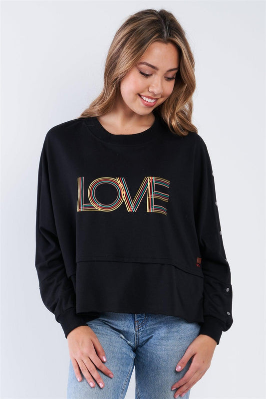 Black Long Sleeve "Love" Crew Neck Shoulder Snap Detail Top