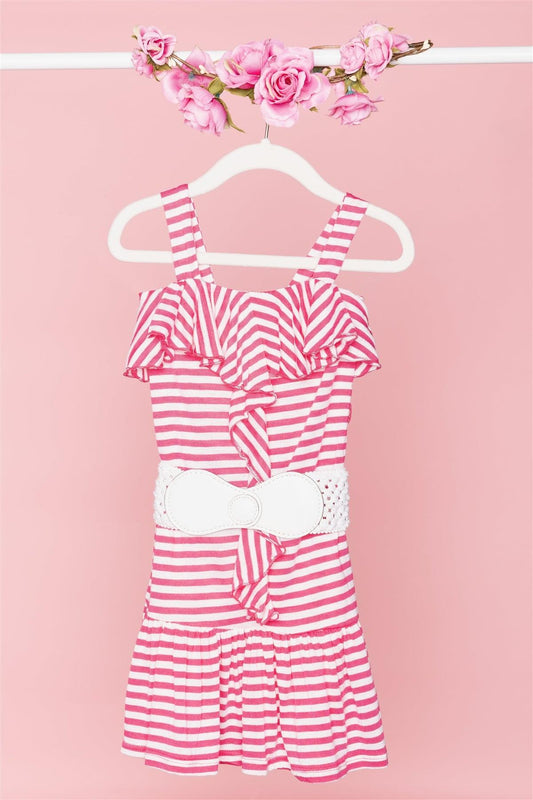 Girls Pink White Stripped Belted Front Ruffle Flounce Hem Dress /1-1-1-1-1