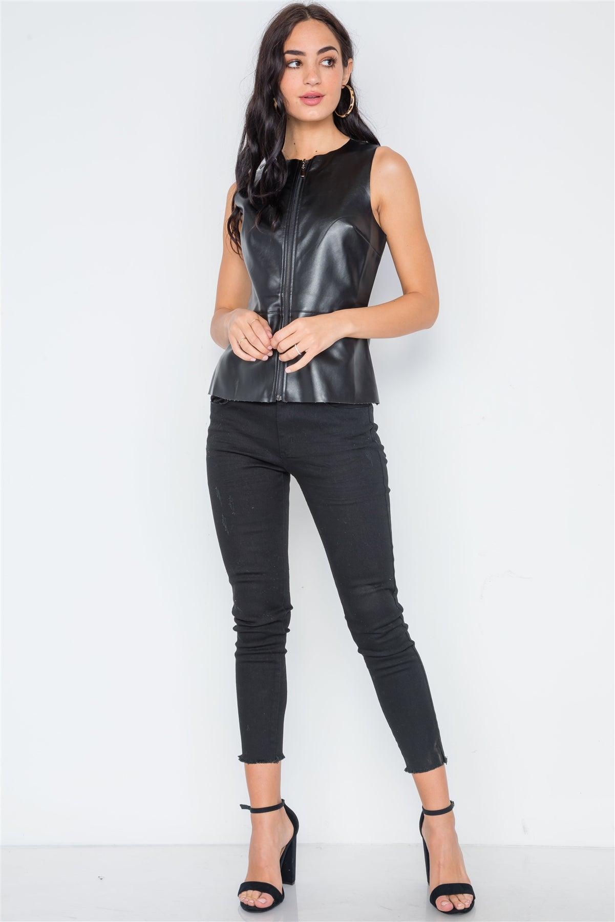 Black Raw Cut Zip-Up Faux Leather Top /3-1-1