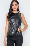 Black Raw Cut Zip-Up Faux Leather Top /3-2-1