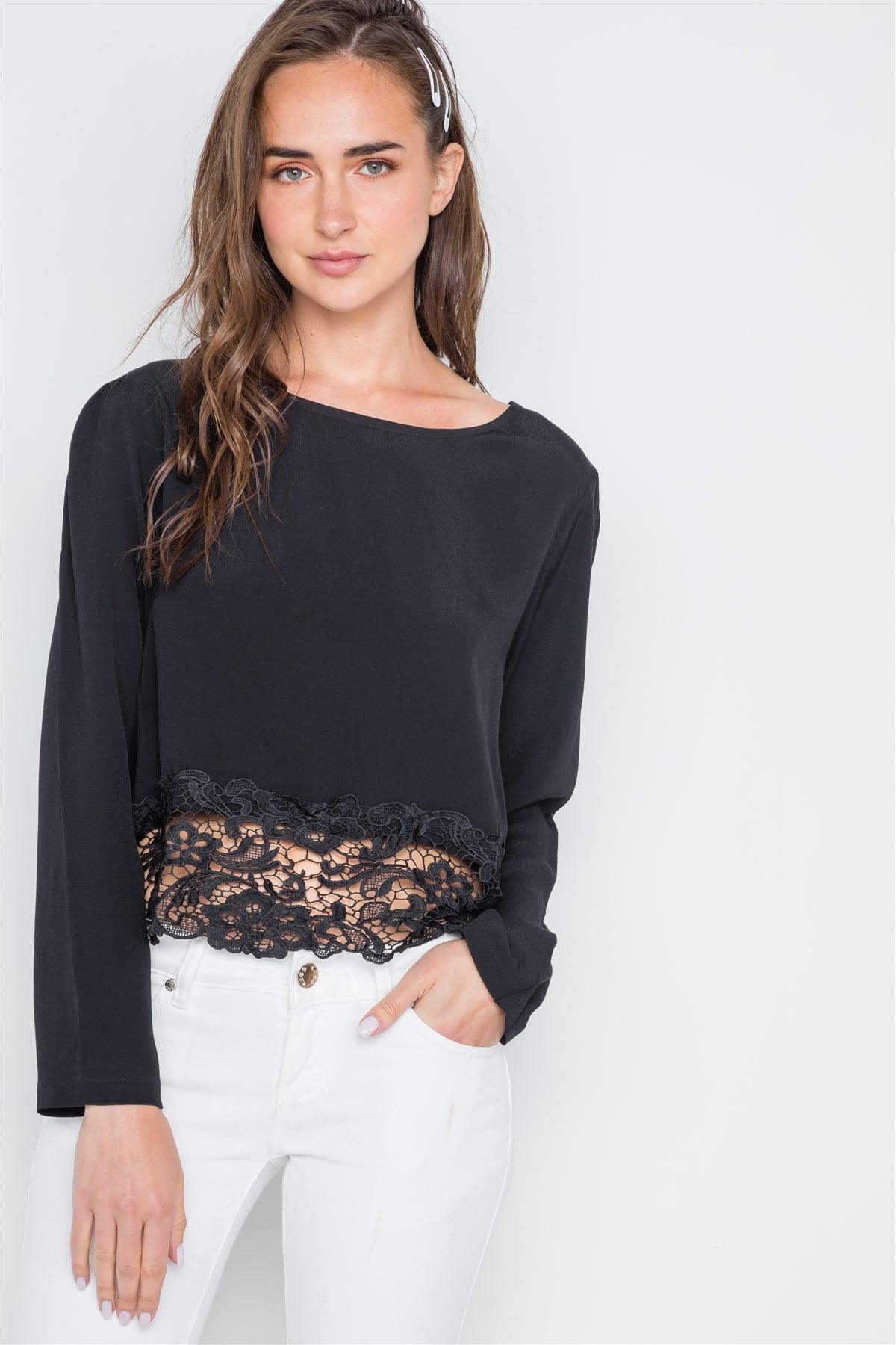 Black Long Sleeve Crochet Hem Top /2-2-2