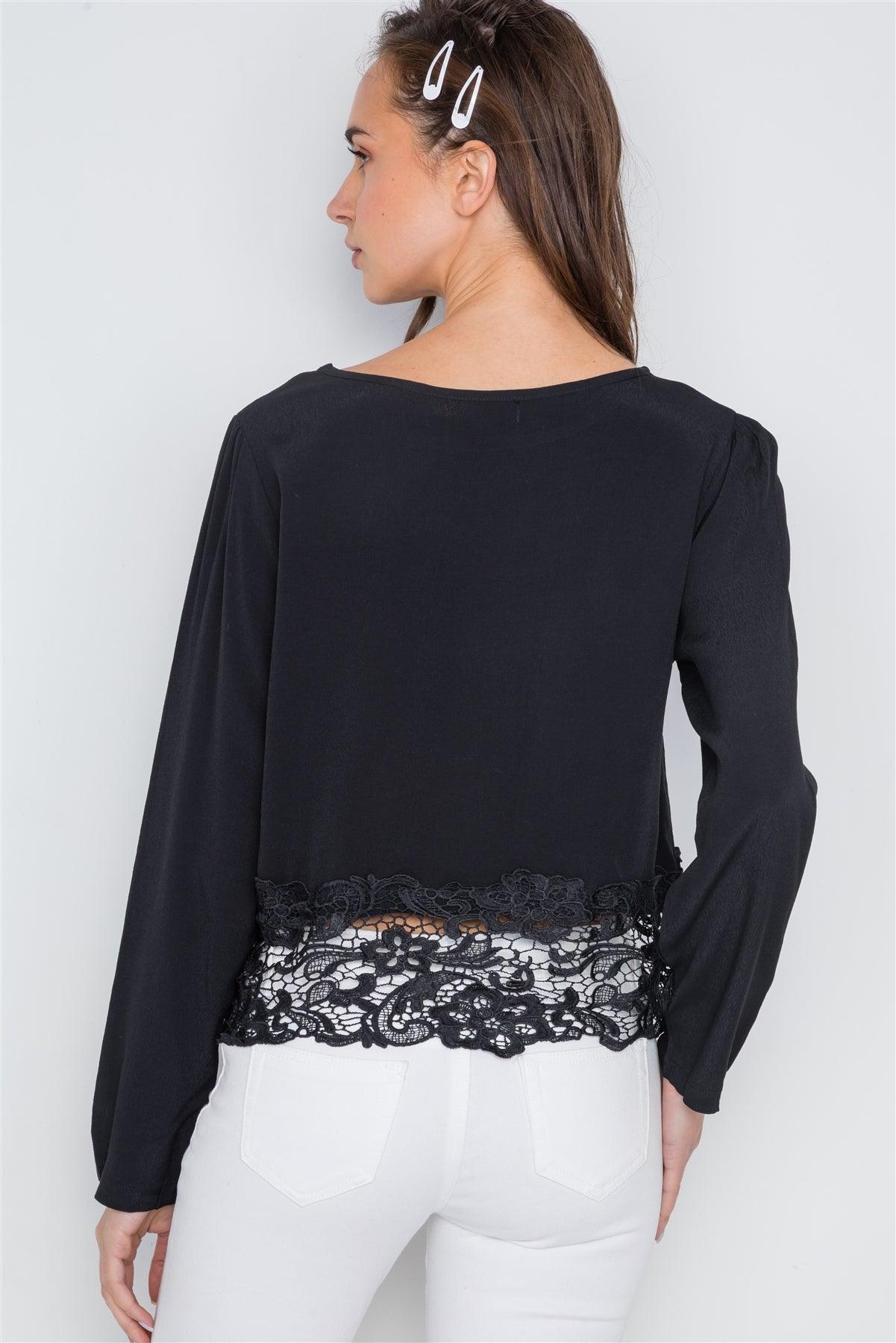 Black Long Sleeve Crochet Hem Top /2-2-2