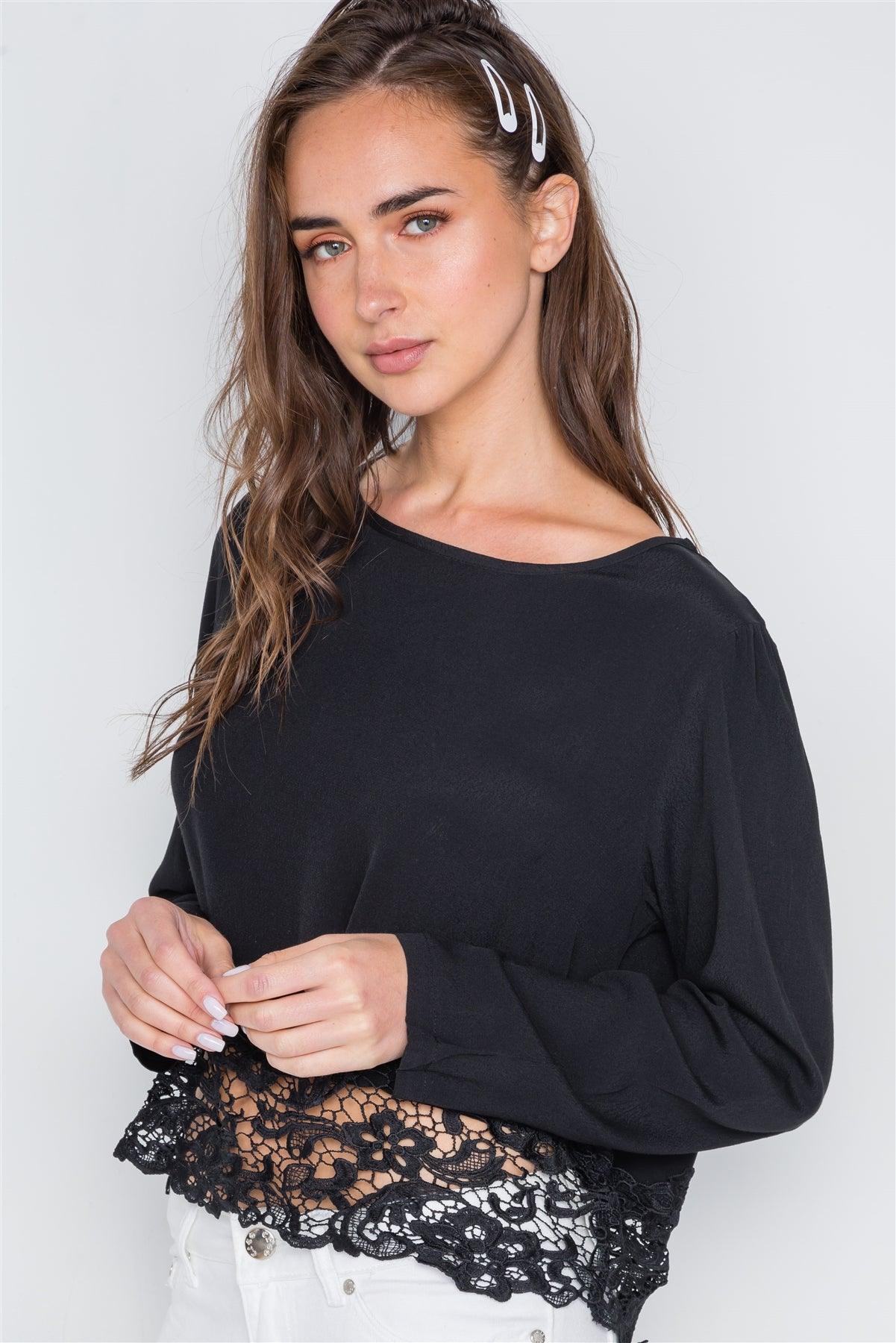 Black Long Sleeve Crochet Hem Top /2-2-2