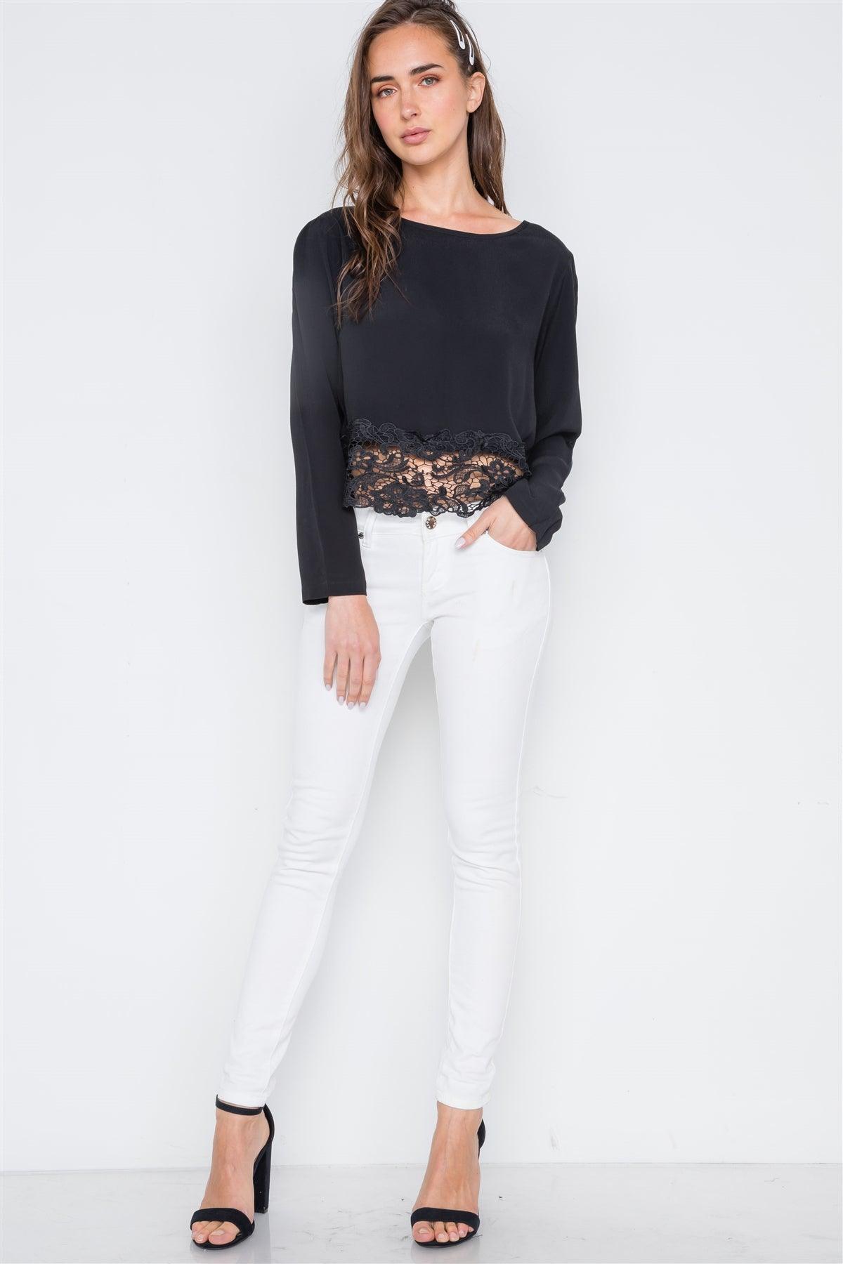 Black Long Sleeve Crochet Hem Top /2-2-2