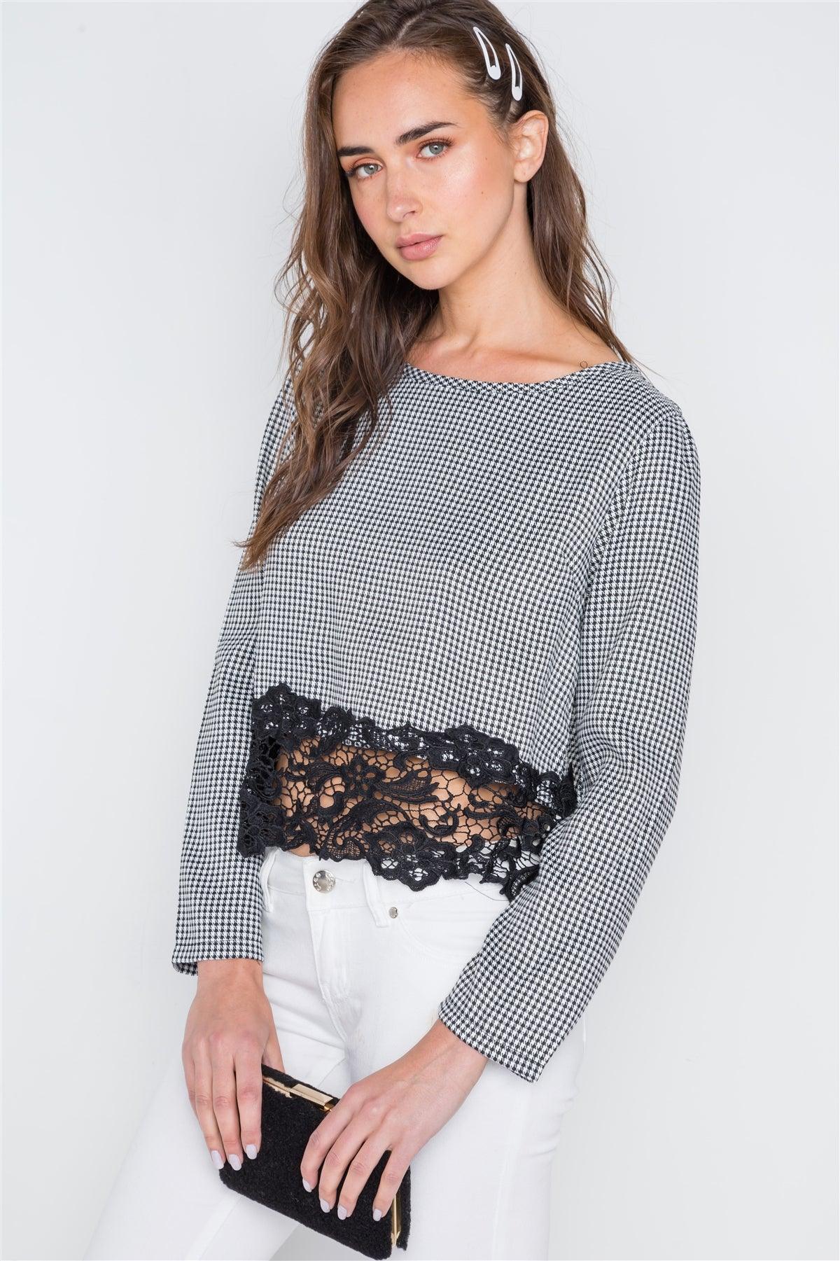 Black White Gingham Long Sleeve Crochet Hem Top /2-2