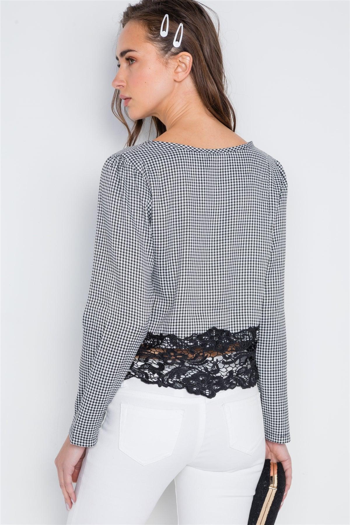 Black White Gingham Long Sleeve Crochet Hem Top /2-2