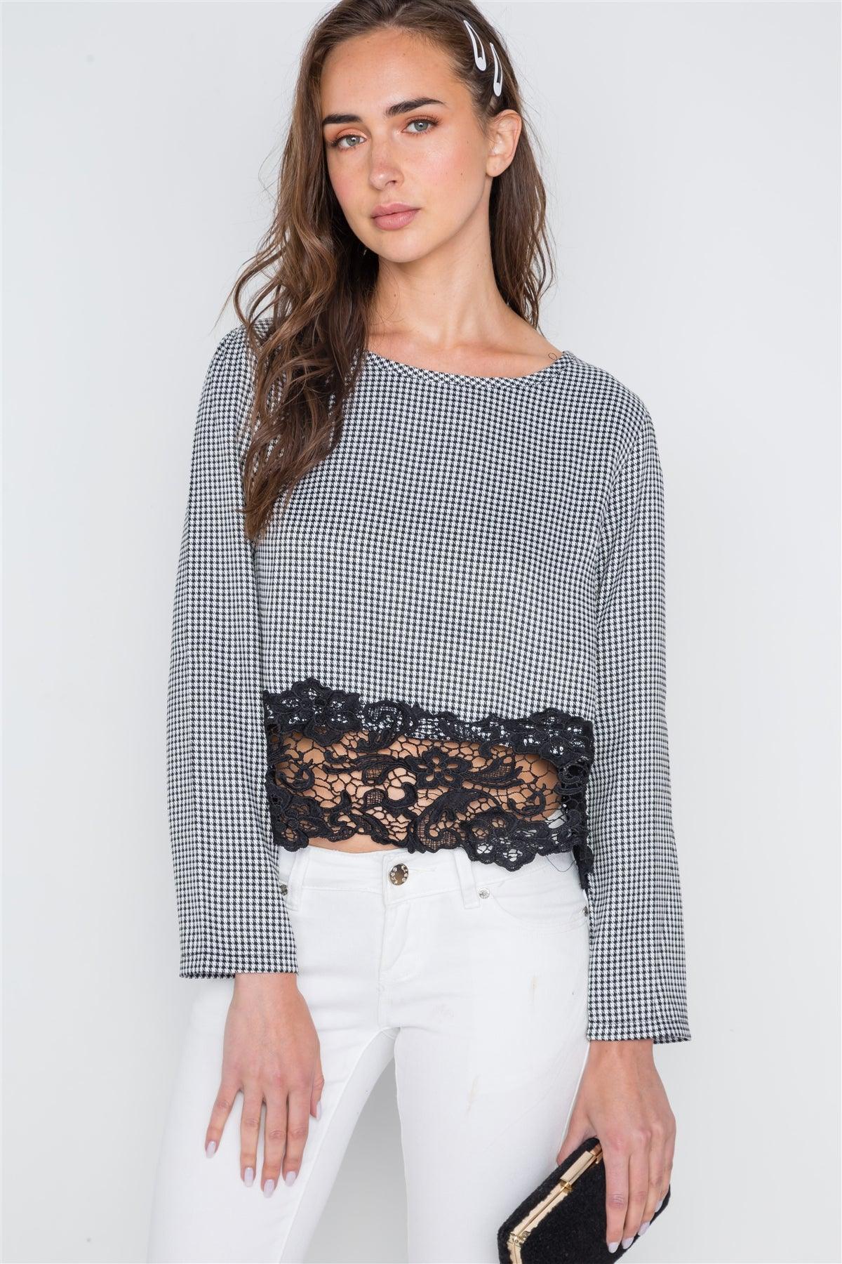 Black White Gingham Long Sleeve Crochet Hem Top /2-2