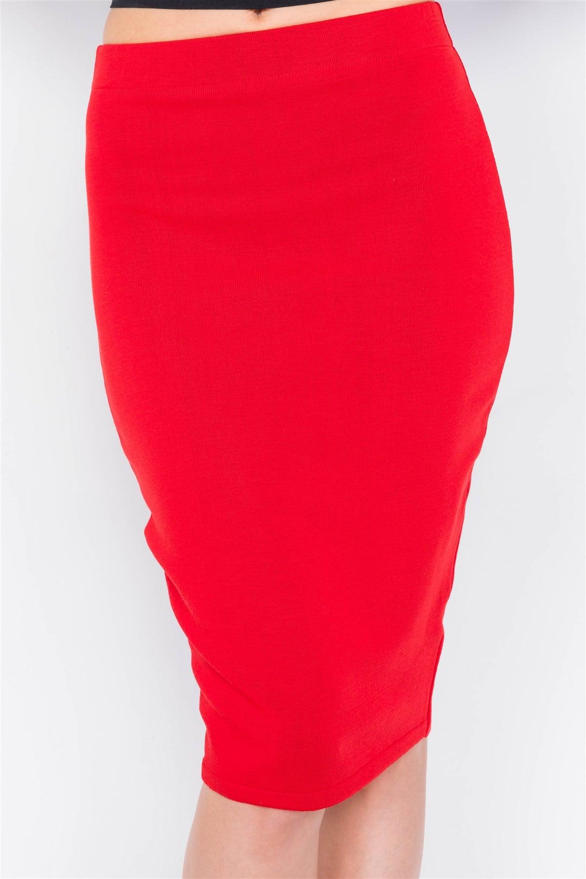 Red High-Waist A-Line Pencil Bodycon Basic Midi Skirt  /1-2-2