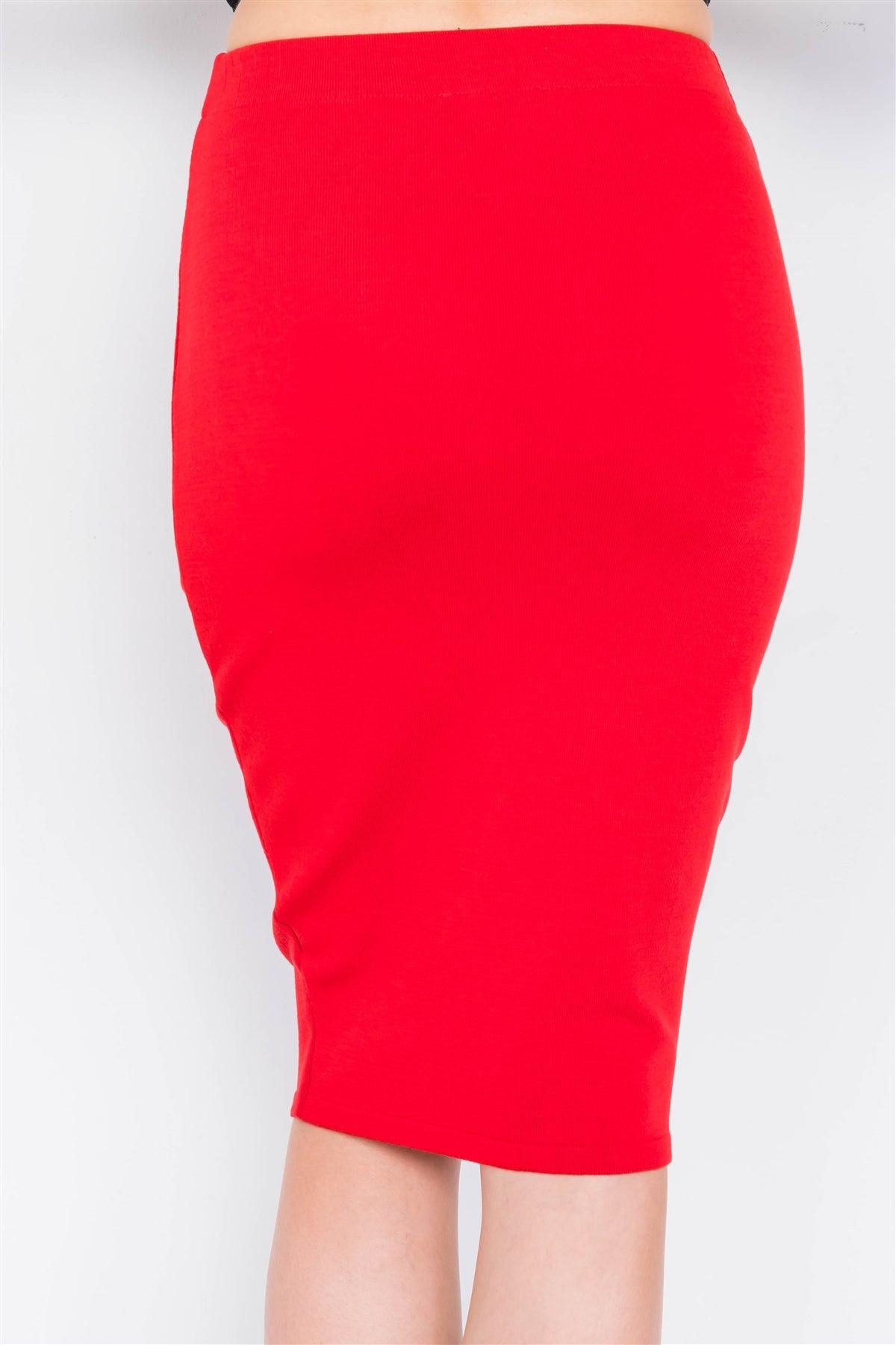 Red High-Waist A-Line Pencil Bodycon Basic Midi Skirt  /1-2-2