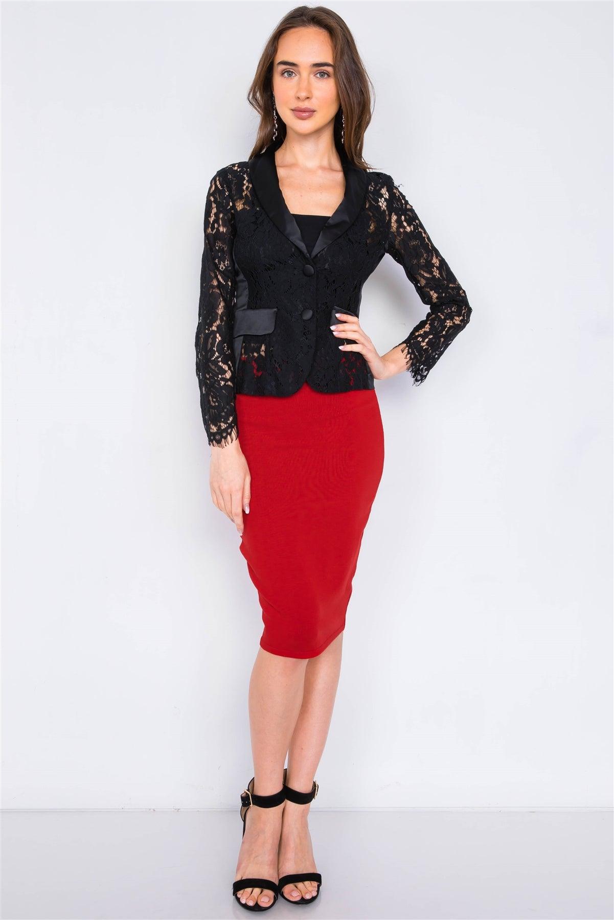 Red High-Waist A-Line Pencil Bodycon Basic Midi Skirt /2-2-2