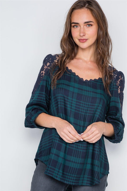 Multi Green Plaid Combo Lace 3/4 Sleeve Top /2-2-2