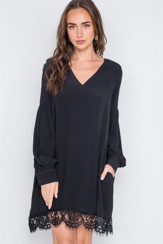 Black Long Sleeve Lace Hem V-Neck Mini Dress /2-2-2