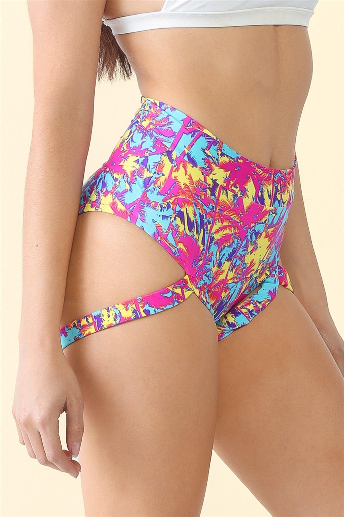Multicolor Printed High Waist Strap Swim Shorts