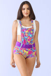 Multi Fuschia Palms Print Elasticized One Pocket Sleeveless Belted Swim Romper