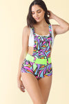 Multi Geo Print Elasticized One Pocket Sleeveless Belted Swim Romper