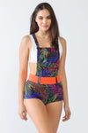 Multi Palms Print Elasticized One Pocket Sleeveless Belted Swim Romper