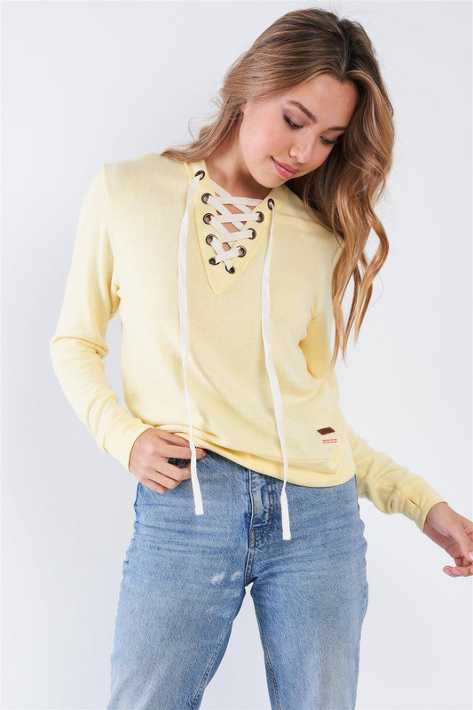 Pale Banana Long Sleeve Lace Up Front Top