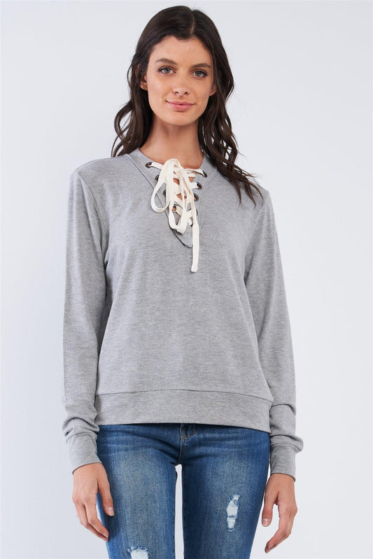 Heather Grey Casual Long Sleeve Lace Up Front Detail Top /2-2