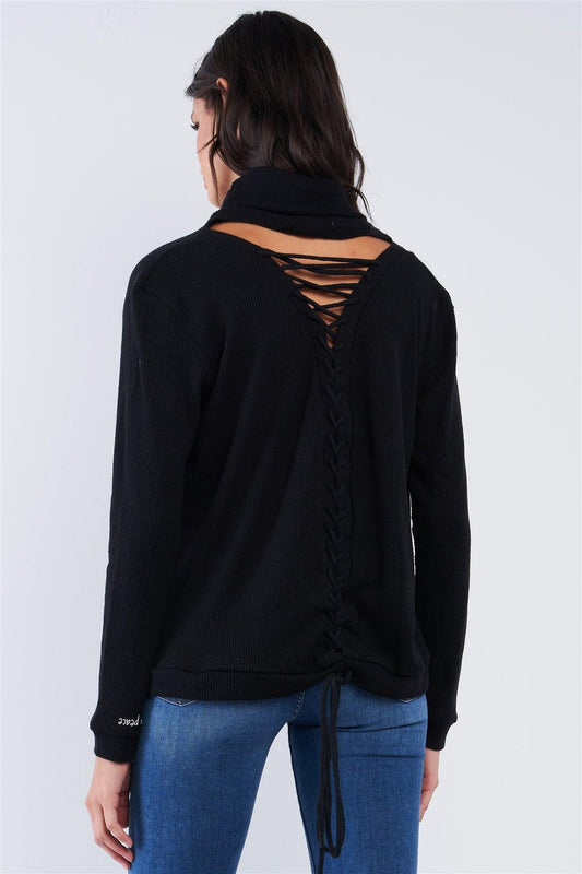 Black Long Sleeve Cut Out Lace Up Tie Back Detail Turtleneck Top /2-4