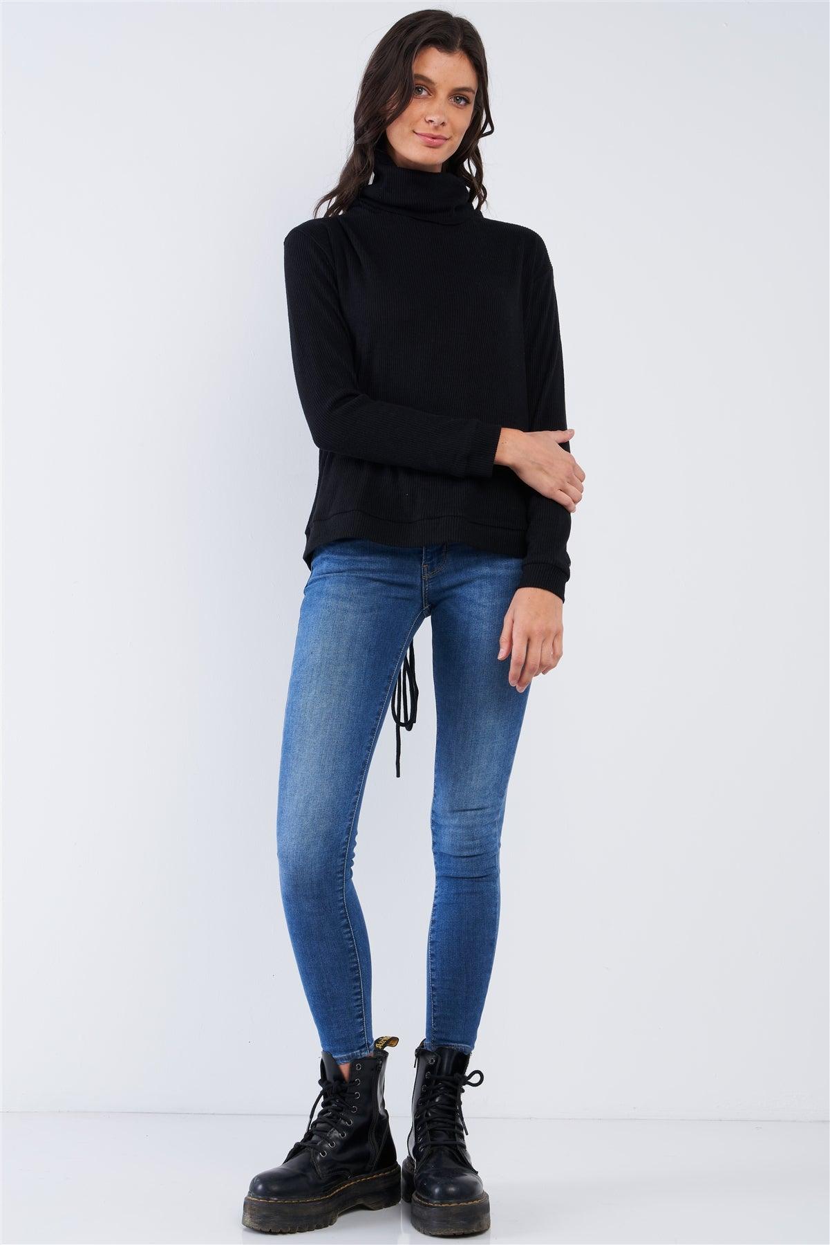 Black Long Sleeve Cut Out Lace Up Tie Back Detail Turtleneck Top /2-4