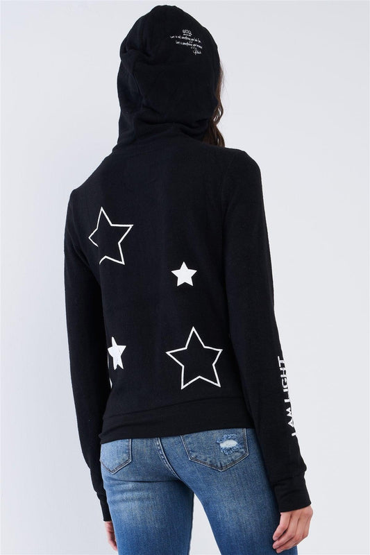 Black Star Embroidered "I Am Light" Graphic Zip Up Hoodie /1-2-2-1