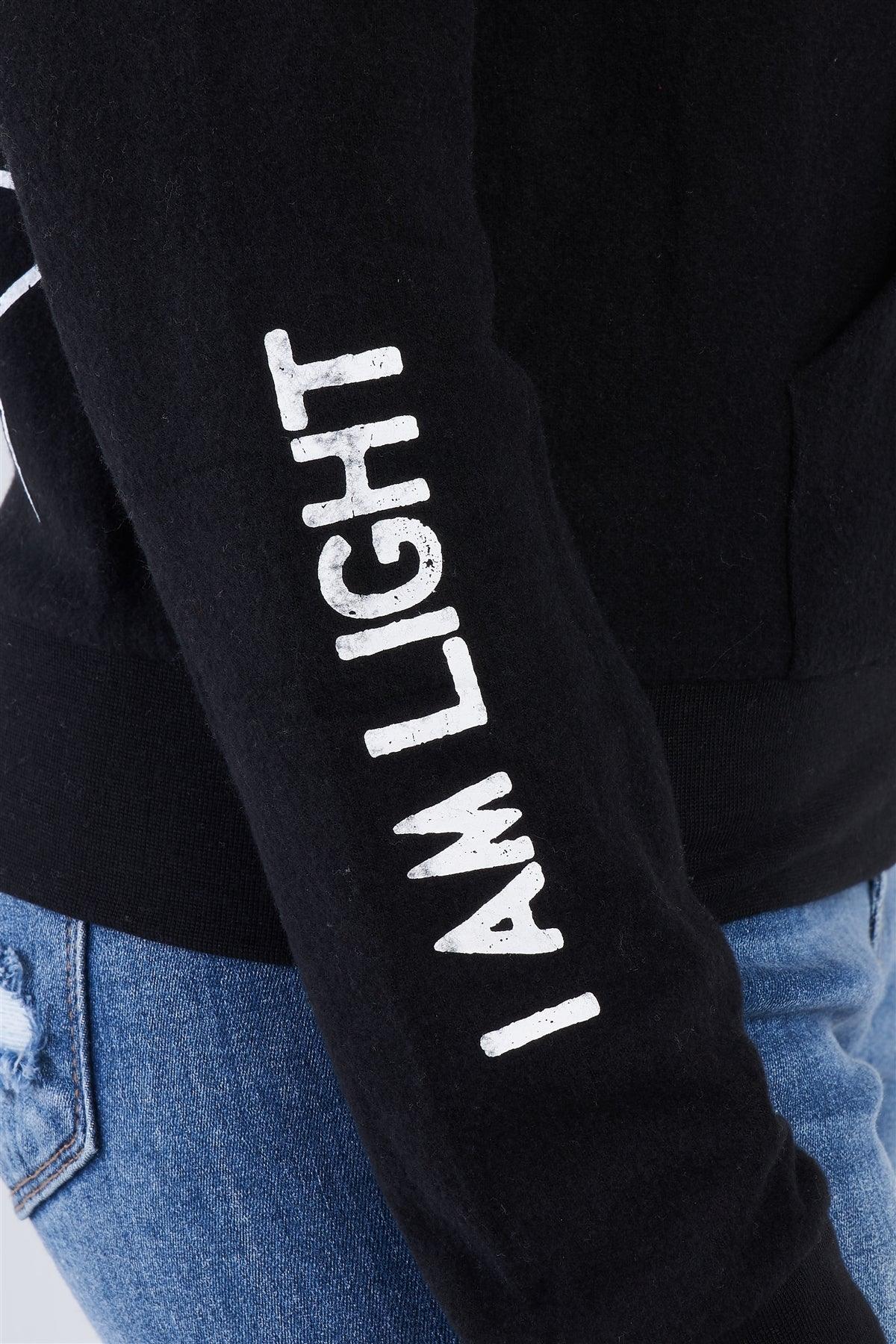 Black Star Embroidered "I Am Light" Graphic Zip Up Hoodie /3-3-1