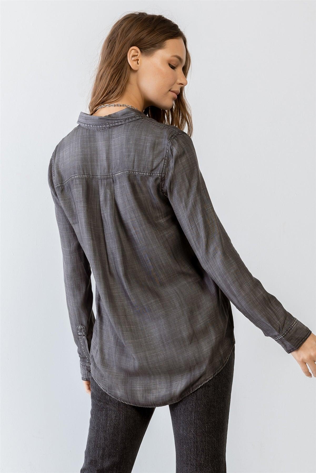 Black Button-Up Collared Neck Two Pocket Shirt Top /1-2-2-1