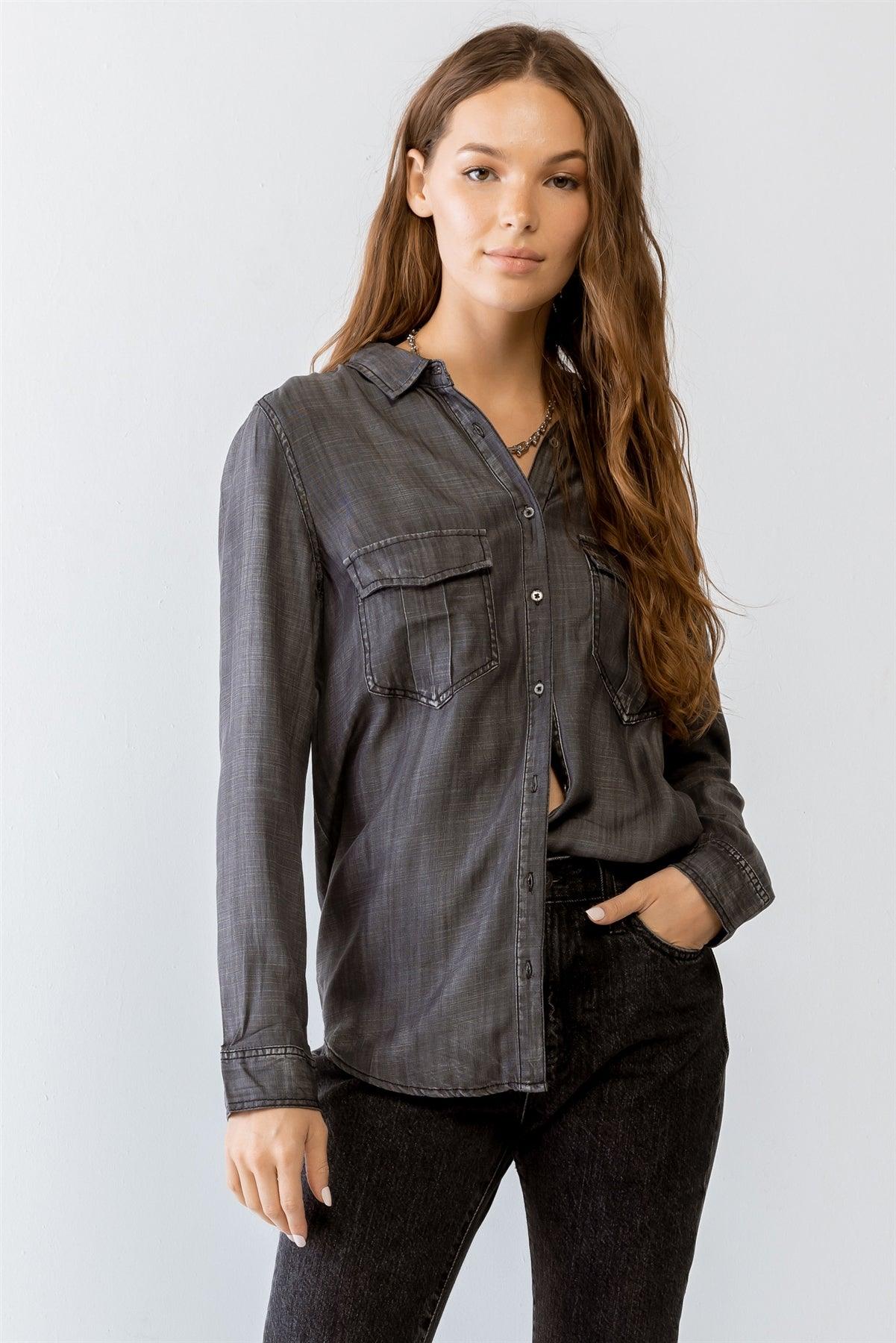 Black Button-Up Collared Neck Two Pocket Shirt Top /1-2-2-1