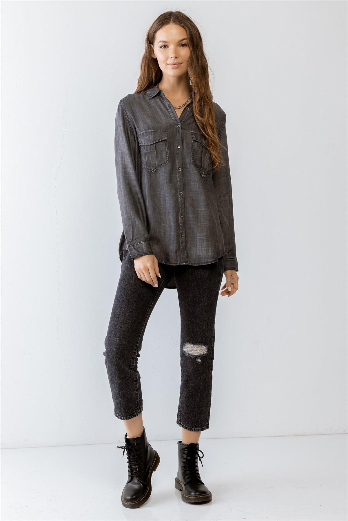 Black Button-Up Collared Neck Two Pocket Shirt Top /1-2-2-1